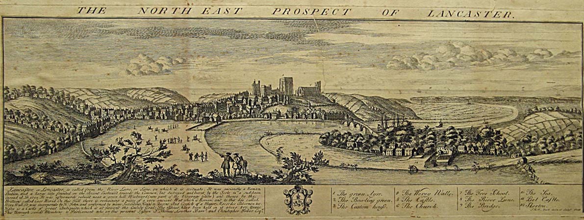 A black and white engraving showing a somewhat stylised view of Lancaster from the North-East. The castle and priory church dominate the scene from Castle Hill in the centre of the image. The sea can be seen in the background, with the River Lune winding its way inland past the castle and through the town, into the foreground of the picture. The old bridge crosses the river from the foot of castle hill to the small village of skerton on the opposite bank.
